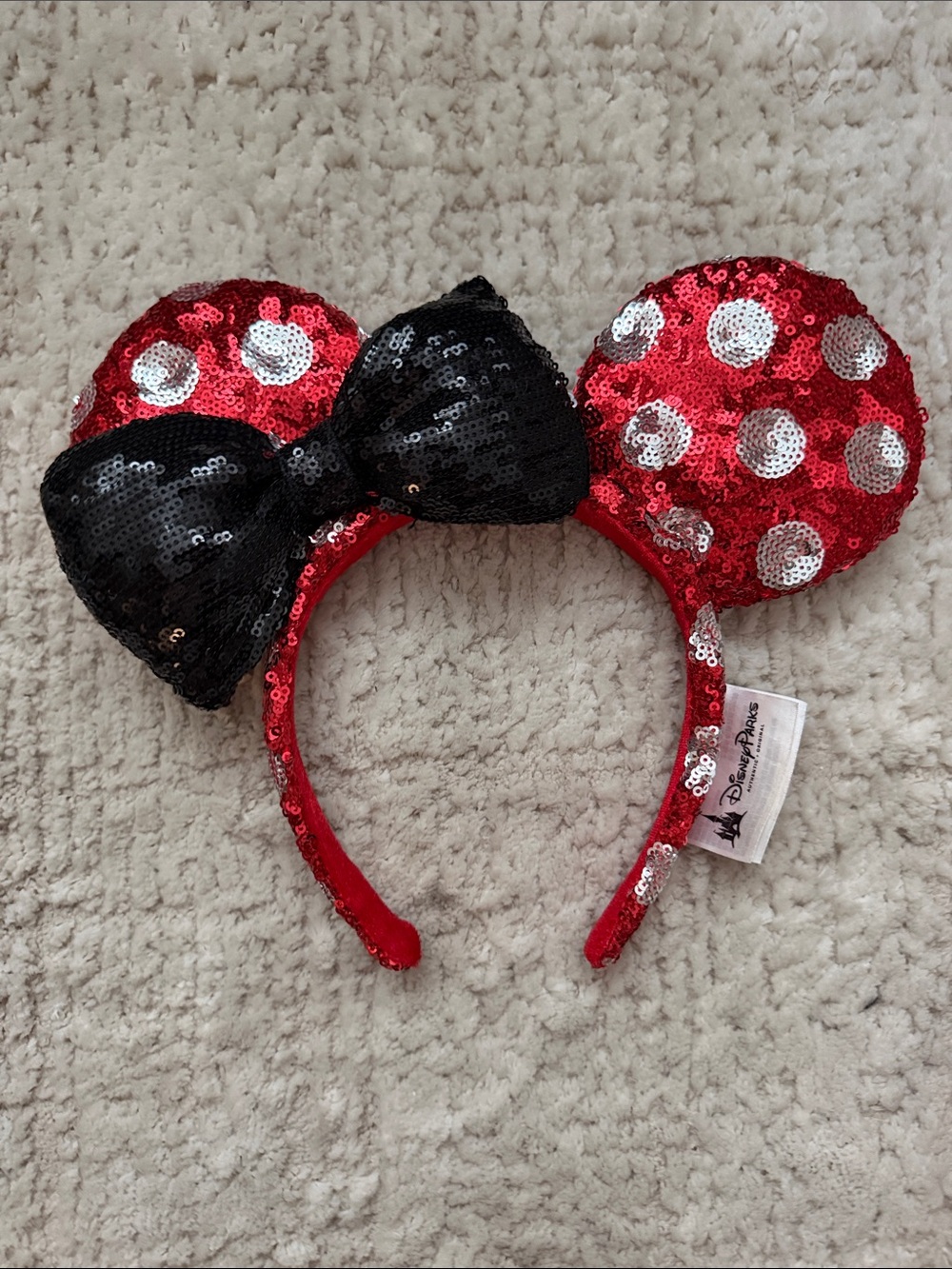 Disney Red Sequin Minnie Ear Headband with Black Bow